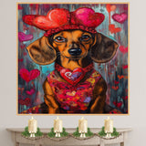 Sweetheart Style: Dachshund in a Red Heart-Adorned Dress and Hat Delightful Romantic Painting on Ready to Hang 1.5" Thick Canvas Wrap, Floating Framed Canvas, Flat Rolled Canvas