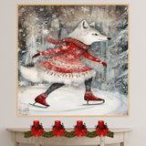 Whimsical Christmas Wolf Ice Skating Print – Woodland Animal Winter Art in Red Snowflake Dress, Cozy Holiday Nursery Wall Decor or Gift for Animal Lovers on Ready to Hang 1.5" Thick Canvas Wrap, Floating Framed Canvas, Flat Rolled Canvas