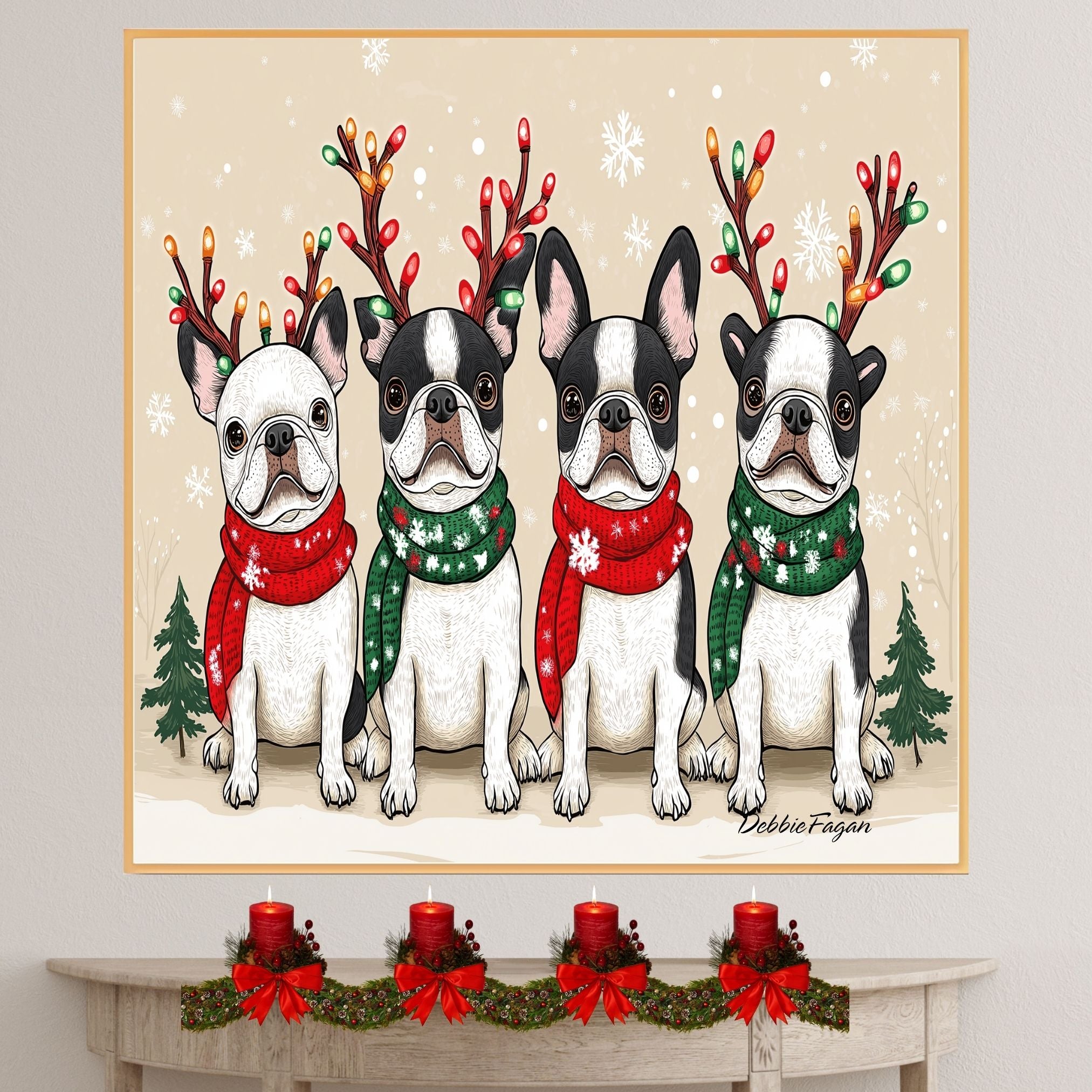 French Bulldogs Christmas Canvas - "Frenchie Frost" - with Festive Antlers in Winter Snow on Ready to Hang 1.5" Thick Canvas Wrap, Floating Framed Canvas, Flat Rolled Canvas