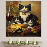 Wine & Whiskers: Tuxedo Mom and Kittens Enjoying Grapes and Cheese on Ready to Hang 1.5" Thick Canvas Wrap, Floating Framed Canvas, Flat Rolled Canvas
