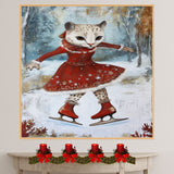 Whimsical Christmas Wall Art of Ice-Skating Cougar in Red Dress Gliding Through a Snowy Woodland Scene – Holiday Decor for Winter Charm and Animal Lovers on Ready to Hang 1.5" Thick Canvas Wrap, Floating Framed Canvas, Flat Rolled Canvas
