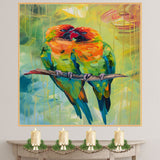 Expressive Parrot Pair Artwork Featuring Bright Orange and Green Feathers on a Branch with Lush Abstract Jungle Background in Bold Textured Brushstrokes on Ready to Hang 1.5" Thick Canvas Wrap, Floating Framed Canvas, Flat Rolled Canvas
