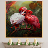 Elegant Flamingo Pair in Lush Jungle Setting with Red and White Plumage and Tropical Foliage Creating a Romantic and Exotic Wildlife Scene on Ready to Hang 1.5" Thick Canvas Wrap, Floating Framed Canvas, Flat Rolled Canvas