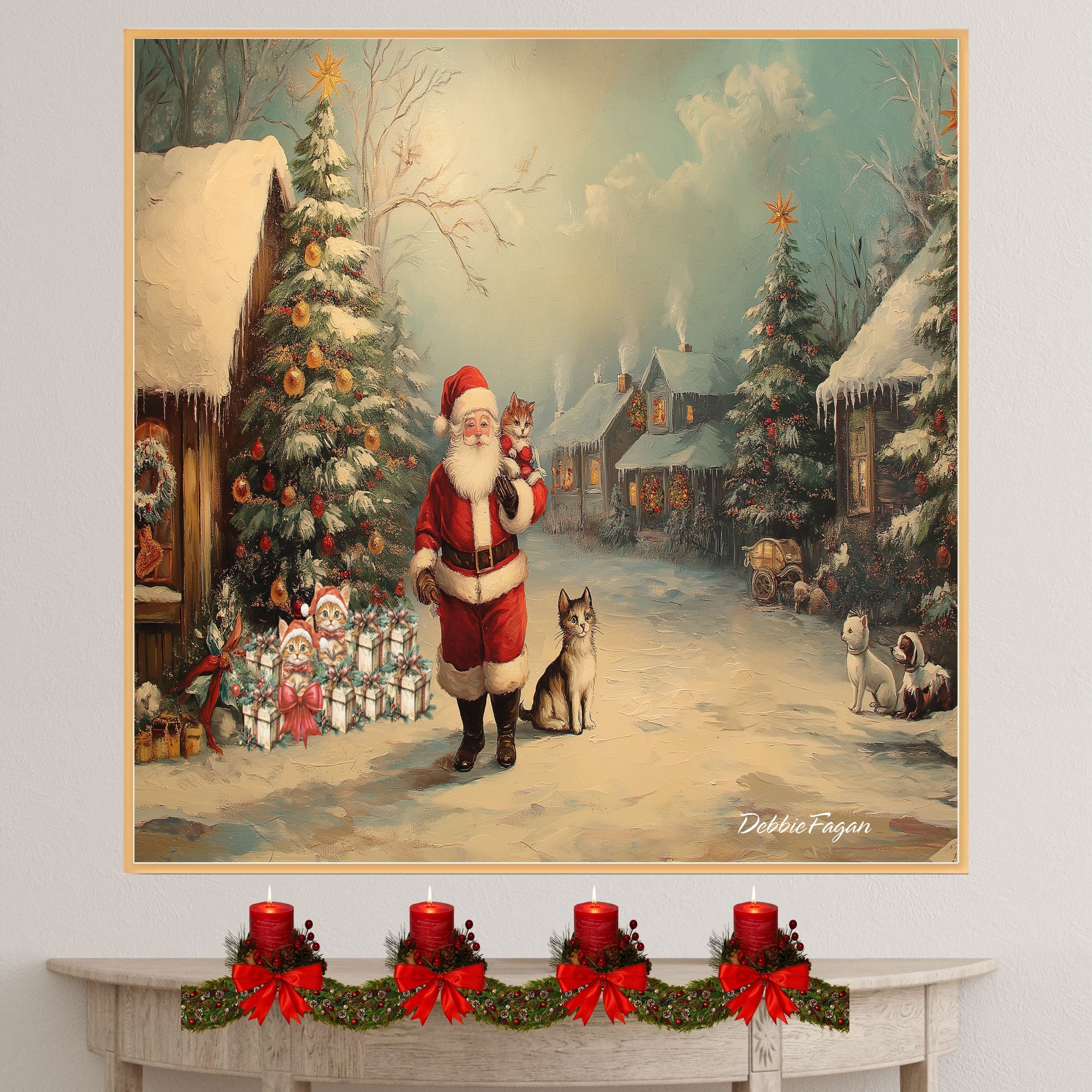 ÒPaws and Claws Christmas VillageÓ - Santa Surrounded by Furry Friends in a Festive Pet-Friendly Wonderland on Ready to Hang 1.5" Thick Canvas Wrap, Floating Framed Canvas, Flat Rolled Canvas