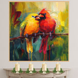 Colorful Birds on a Branch Painting – Vibrant Red and Yellow Cardinals in a Lush Nature-Inspired Abstract Artwork on Ready to Hang 1.5" Thick Canvas Wrap, Floating Framed Canvas, Flat Rolled Canvas