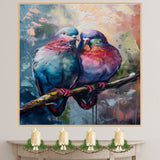 Two Colorful Pigeons Sitting Together on a Branch with Iridescent Feathers in Soft Pastel Background Highlighting Their Unique Plumage and Companionship on Ready to Hang 1.5" Thick Canvas Wrap, Floating Framed Canvas, Flat Rolled Canvas