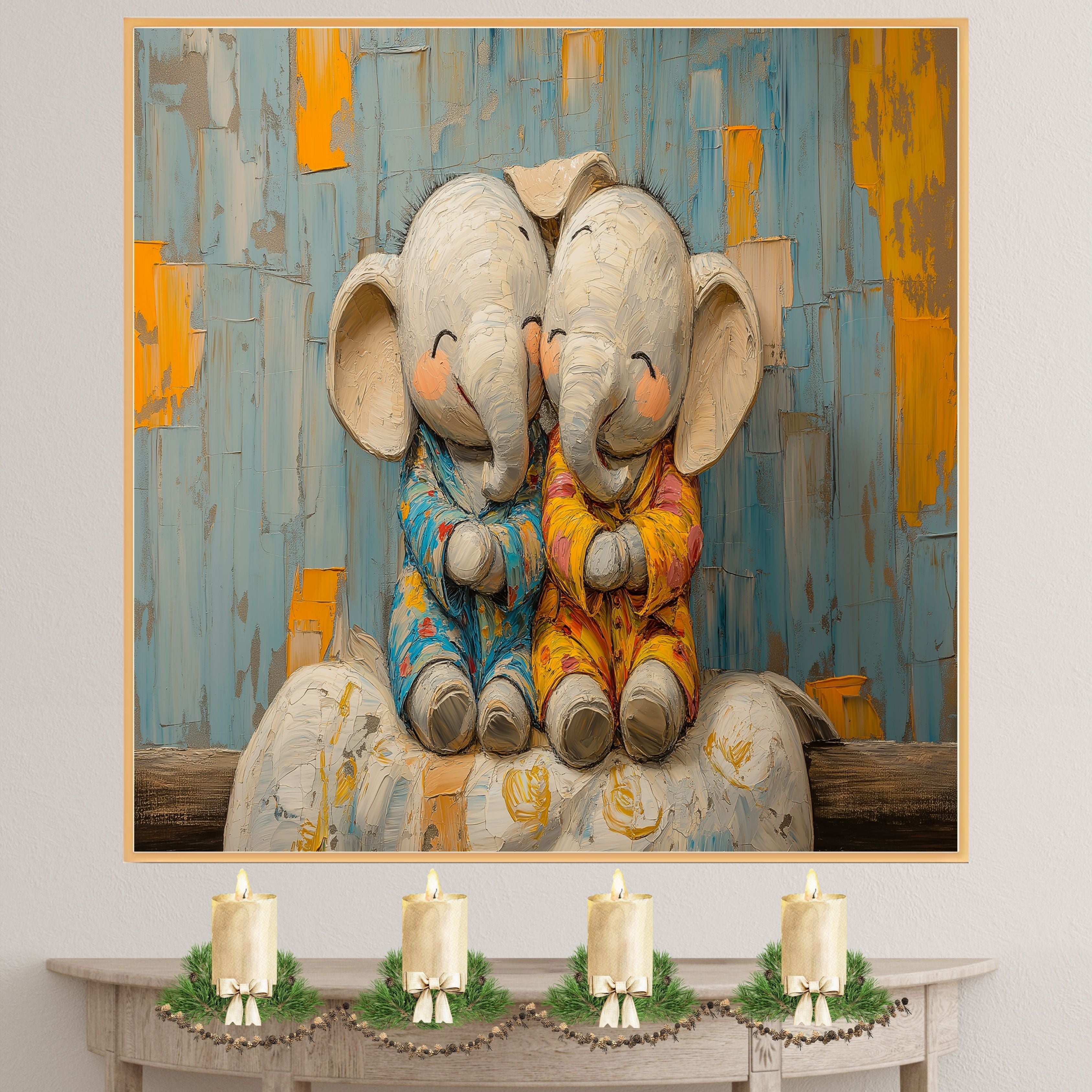 Adorable Painting of Two Baby Elephants Snuggling in Pajamas with Happy Expressions and a Colorful Textured Background in Warm Blue and Orange Tones on Ready to Hang 1.5" Thick Canvas Wrap, Floating Framed Canvas, Flat Rolled Canvas