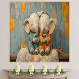 Adorable Painting of Two Baby Elephants Snuggling in Pajamas with Happy Expressions and a Colorful Textured Background in Warm Blue and Orange Tones on Ready to Hang 1.5" Thick Canvas Wrap, Floating Framed Canvas, Flat Rolled Canvas