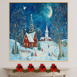 Christmas Folk Art Scene with Red Cabins, Snowy Church, Starry Sky and Children Playing in a Winter Wonderland on Ready to Hang 1.5" Thick Canvas Wrap, Floating Framed Canvas, Flat Rolled Canvas