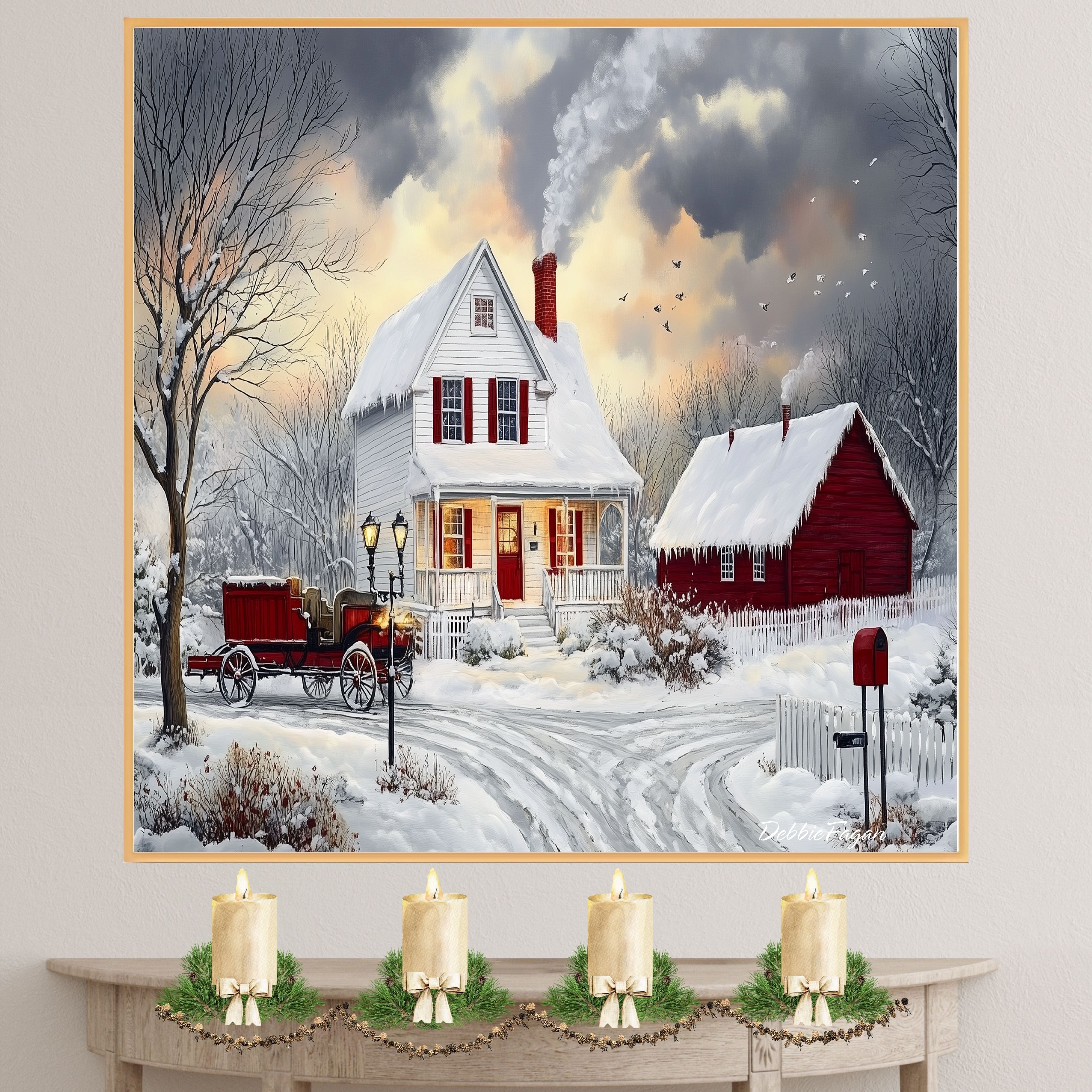 Winter Farmhouse – Cozy Snow-Covered Country Home with Red Barn and Sleigh Wall Art Print on Ready to Hang 1.5" Thick Canvas Wrap, Floating Framed Canvas, Flat Rolled Canvas