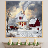 Winter Farmhouse – Cozy Snow-Covered Country Home with Red Barn and Sleigh Wall Art Print on Ready to Hang 1.5" Thick Canvas Wrap, Floating Framed Canvas, Flat Rolled Canvas