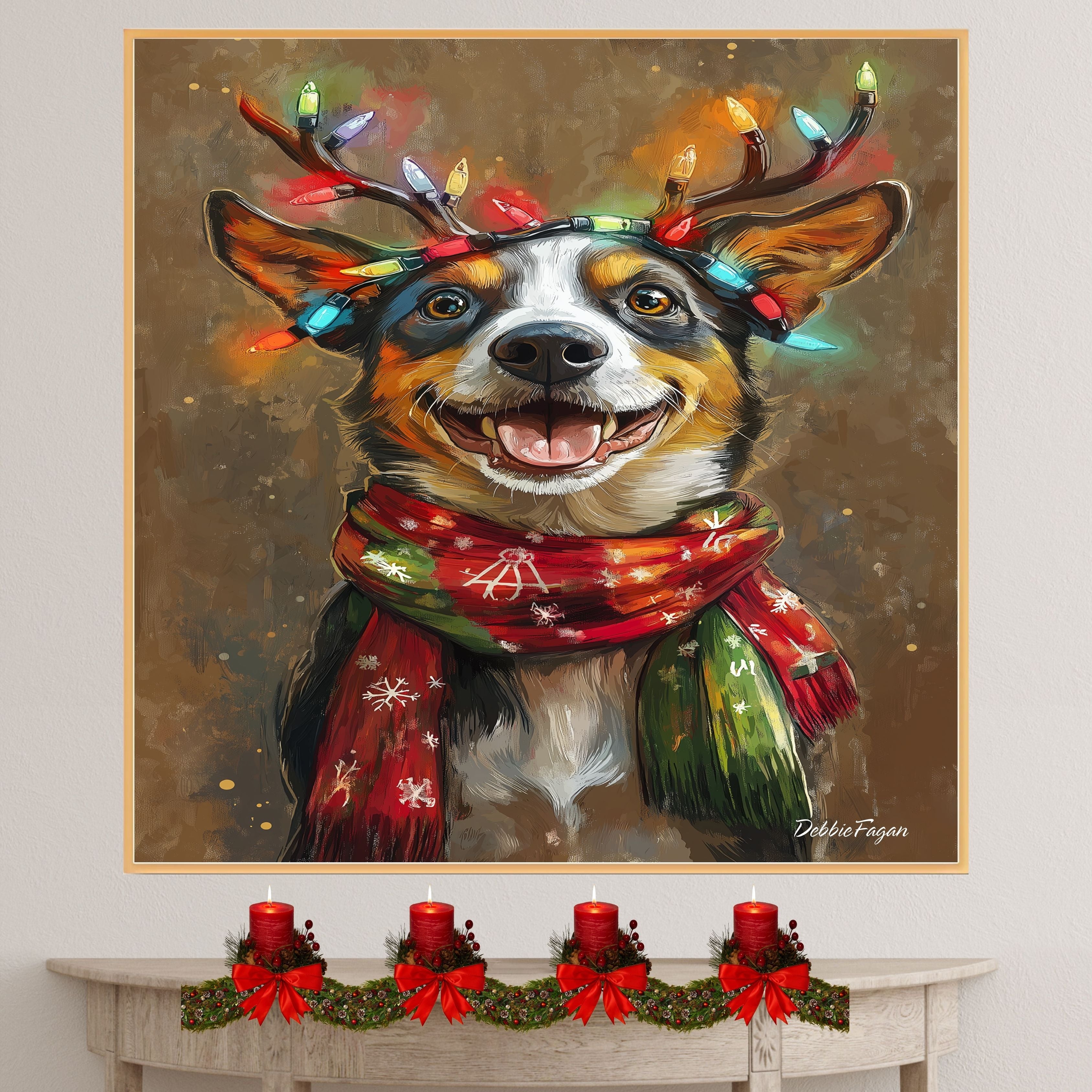 Holiday Bliss - 'Rustic Cheer' - Australian Shepherd Dog with Lighted Antlers & Cozy Scarf on Rustic Background, Ready to Hang 1.5" Thick Canvas Wrap, Floating Framed Canvas, Flat Rolled Canvas