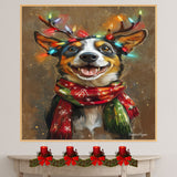 Holiday Bliss - 'Rustic Cheer' - Australian Shepherd Dog with Lighted Antlers & Cozy Scarf on Rustic Background, Ready to Hang 1.5" Thick Canvas Wrap, Floating Framed Canvas, Flat Rolled Canvas