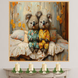Sweet Painting of Two Koalas in Floral Pajamas Sitting on a Bed Surrounded by Pillows and Yellow Blooms with Soft Expressions and a Cozy Atmosphere on Ready to Hang 1.5" Thick Canvas Wrap, Floating Framed Canvas, Flat Rolled Canvas