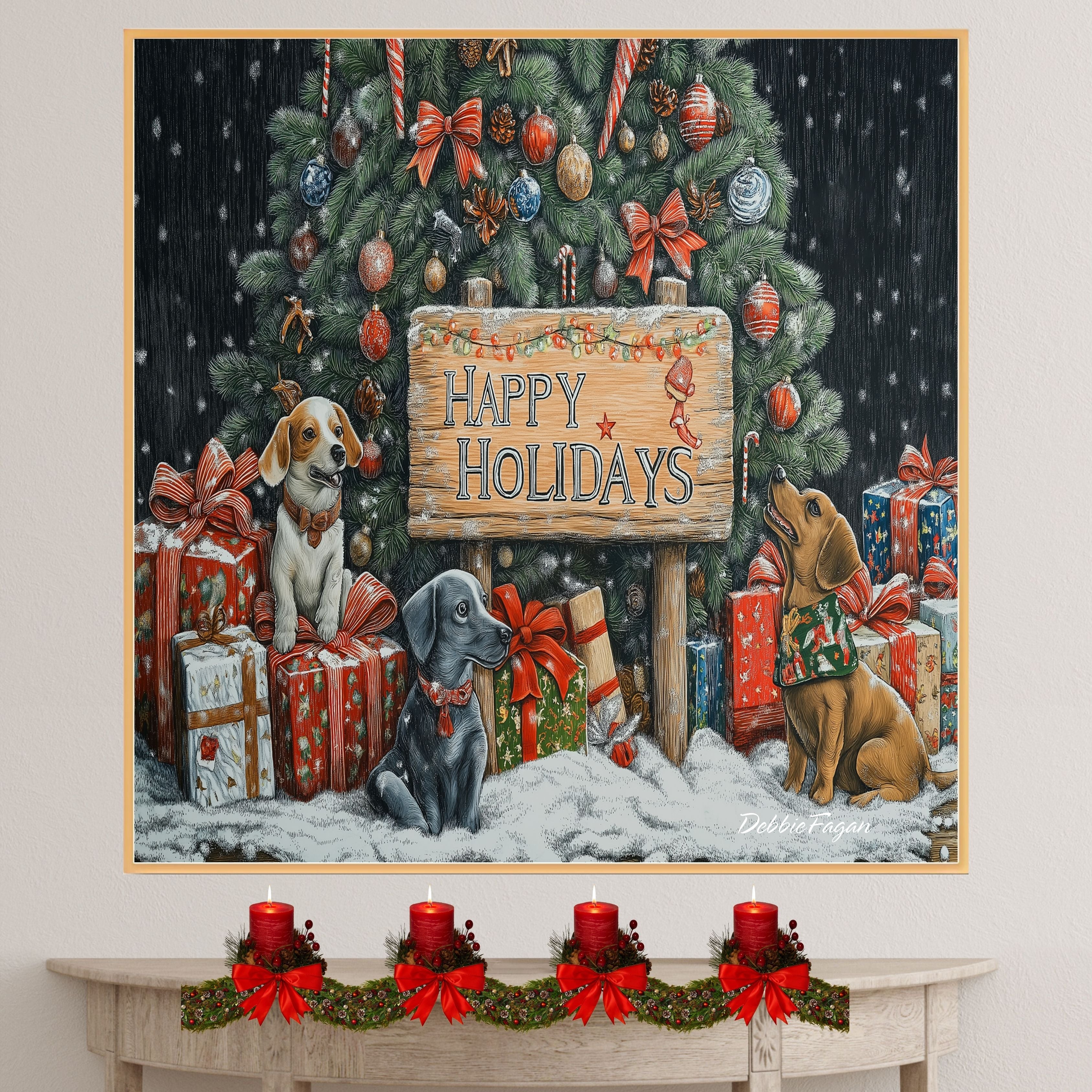 Christmas Canvas - "Puppy Wishes" - Cute Pups Surrounded by Gifts Under the Christmas Tree in a Winter Wonderland on Ready to Hang 1.5" Thick Canvas Wrap, Floating Framed Canvas, Flat Rolled Canvas