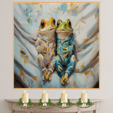 Delightful Painting of Two Frogs in Playful Pajamas Sitting Close Together on a Cozy Bed with Gentle Expressions and a Soft Abstract Background on Ready to Hang 1.5" Thick Canvas Wrap, Floating Framed Canvas, Flat Rolled Canvas