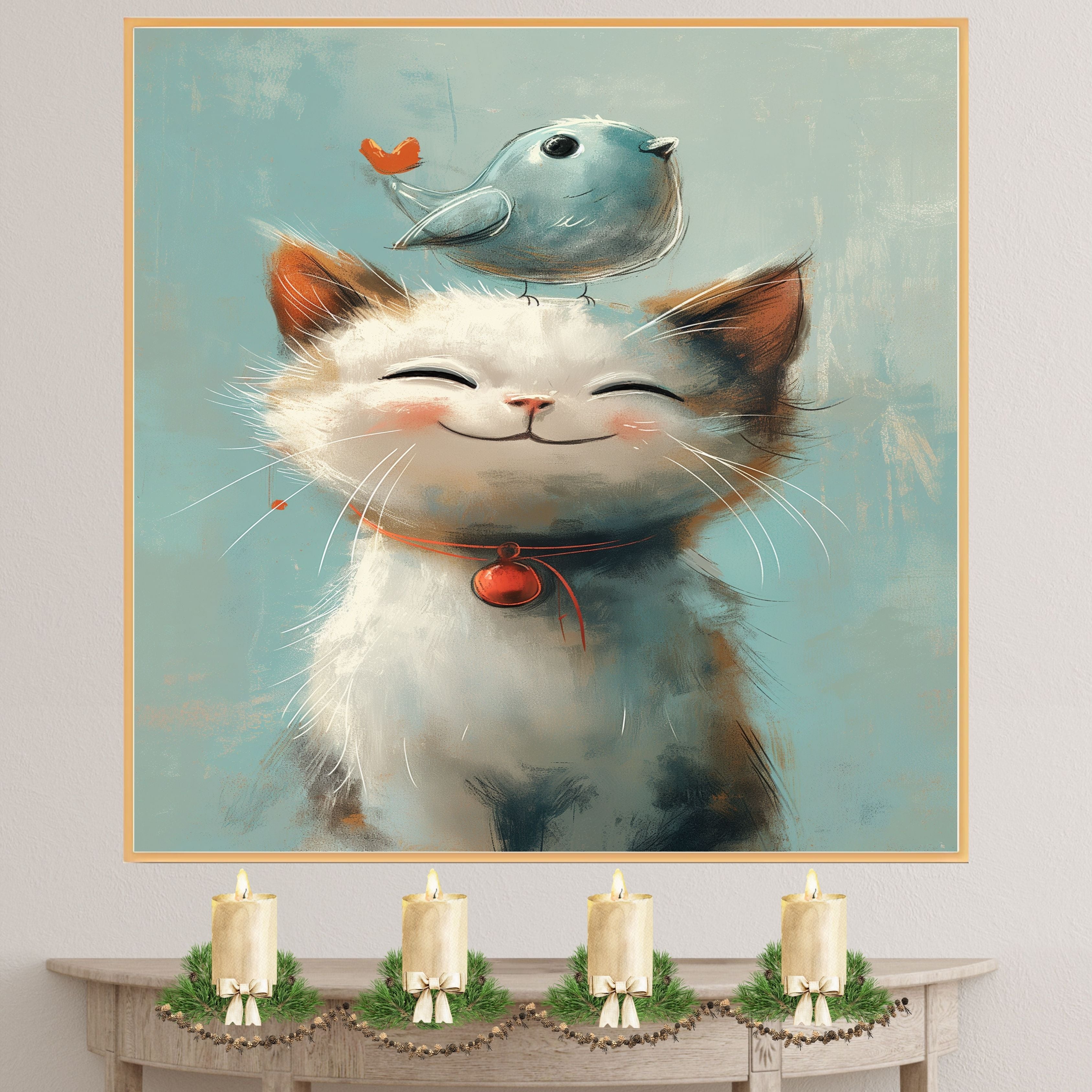 Sweet Painting of a Smiling Kitten with a Blue Bird on Its Head and Red Bell Collar Perfect for Whimsical Nursery Decor or a Gift for Cat and Animal Lovers on Ready to Hang 1.5" Thick Canvas Wrap, Floating Framed Canvas, Flat Rolled Canvas
