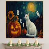 Halloween Cat Art – White Kitty, Glowing Pumpkin, Flying Ghosts, and Sunflowers Under a Van Gogh-Inspired Night Sky on Ready to Hang 1.5" Thick Canvas Wrap, Floating Framed Canvas, Flat Rolled Canvas