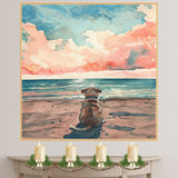 Watercolor Painting of a Dog Sitting on a Sandy Dune Path Watching a Peaceful Ocean Sunset Over Calm Waves on Ready to Hang 1.5" Thick Canvas Wrap, Floating Framed Canvas, Flat Rolled Canvas