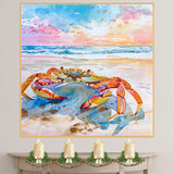 Watercolor Painting of a Multicolored Crab on the Beach – Coastal Ocean Art Print with Sunset Sky and Waves on Ready to Hang 1.5" Thick Canvas Wrap, Floating Framed Canvas, Flat Rolled Canvas