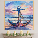 Watercolor Painting of a Multicolored Anchor on the Beach with Ocean Waves and Sunset Sky in Nautical Coastal Style on Ready to Hang 1.5" Thick Canvas Wrap, Floating Framed Canvas, Flat Rolled Canvas