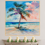 Vibrant Palm Tree by the Sea Watercolor Painting with Colorful Sunset Sky on Ready to Hang 1.5" Thick Canvas Wrap, Floating Framed Canvas, Flat Rolled Canvas