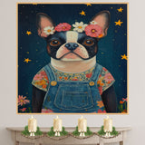 Whimsical Boston Terrier in Floral Overalls Under Starry Night Sky Charming Dog Art Perfect for Nursery Living Room Decor and Dog Lover Gifts on Ready to Hang 1.5" Thick Canvas Wrap, Floating Framed Canvas, Flat Rolled Canvas
