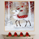 Whimsical Christmas Deer Ice Skating with Red Berries and Snowflake Blanket Woodland Winter Holiday Animal Illustration for Wall Art or Nursery Decor on Ready to Hang 1.5" Thick Canvas Wrap, Floating Framed Canvas, Flat Rolled Canvas