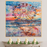 Watercolor Painting of a Ferris Wheel on a Pier at Sunset with Ocean Reflections and Vibrant Sky in Coastal Theme on Ready to Hang 1.5" Thick Canvas Wrap, Floating Framed Canvas, Flat Rolled Canvas