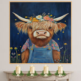 Highland Cow Wall Art Adorable Cow in Overalls and Flower Crown Rustic Farmhouse Decor for Kids Room Bedroom or Gift for Cow Lovers and Animal Art Fans on Ready to Hang 1.5" Thick Canvas Wrap, Floating Framed Canvas, Flat Rolled Canvas
