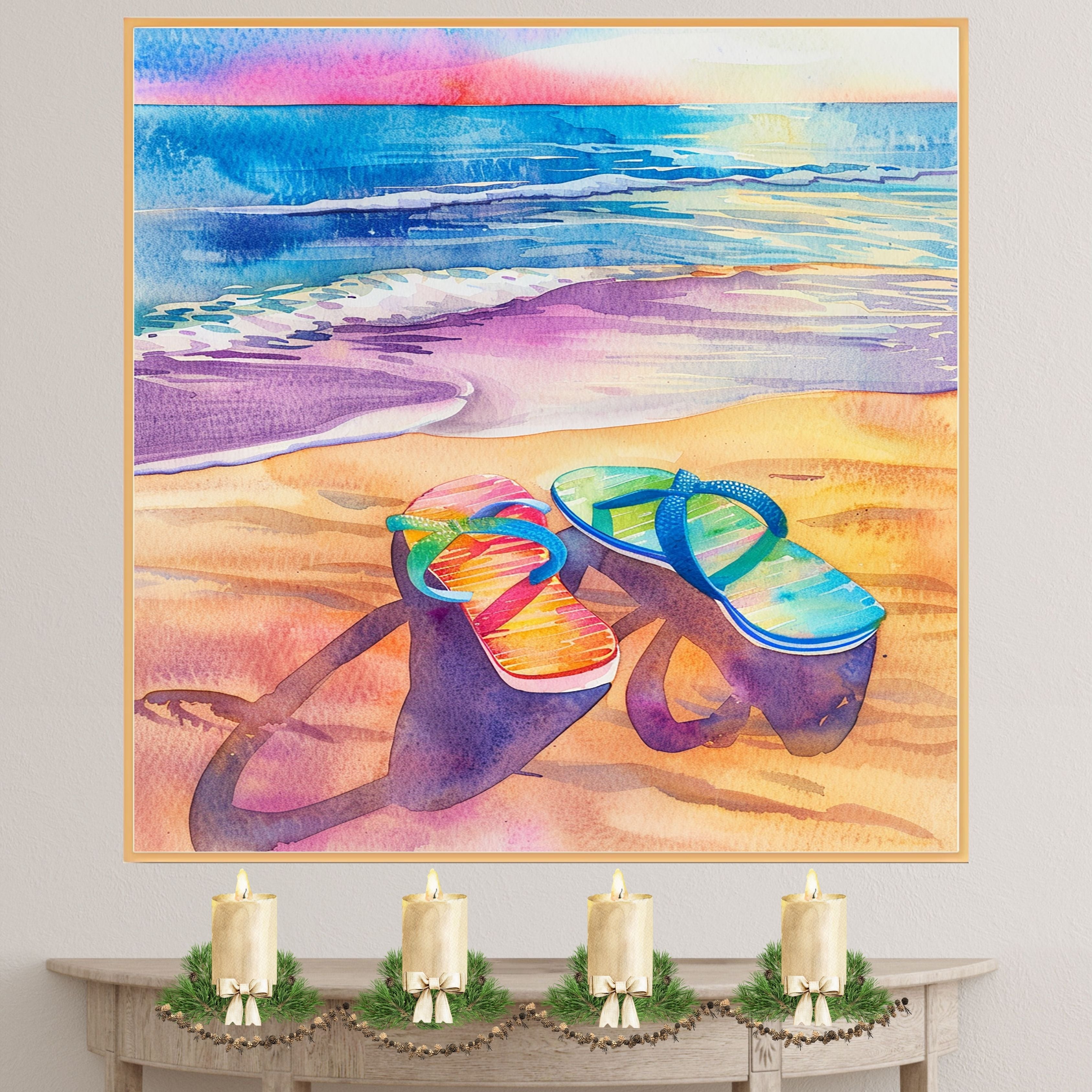 Colorful Flip-Flops on Sandy Beach Watercolor Painting with Ocean Waves and Sunset Sky in Vibrant Summer Style on Ready to Hang 1.5" Thick Canvas Wrap, Floating Framed Canvas, Flat Rolled Canvas