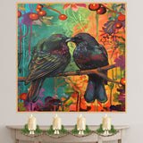 Two Black Birds on Branch Surrounded by Vibrant Foliage and Berries in a Colorful Nature-Inspired Painting with Rich Greens Reds and a Warm Artistic Style on Ready to Hang 1.5" Thick Canvas Wrap, Floating Framed Canvas, Flat Rolled Canvas