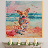 Watercolor Dog Running on Beach with Waves and Birds in Colorful Splash Style Coastal Animal Art for Pet Lovers on Ready to Hang 1.5" Thick Canvas Wrap, Floating Framed Canvas, Flat Rolled Canvas