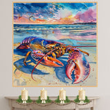 Watercolor Painting of a Colorful Lobster on the Beach with Waves and Vibrant Sunset Sky in Coastal Marine Style on Ready to Hang 1.5" Thick Canvas Wrap, Floating Framed Canvas, Flat Rolled Canvas
