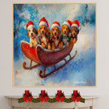 Dog Christmas Canvas  - "Puppy Joyride" - Adorable Puppies in Santa Hats on a Sleigh in Winter Wonderland on Ready to Hang 1.5" Thick Canvas Wrap, Floating Framed Canvas, Flat Rolled Canvas