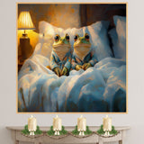 Charming Painting of Two Frogs in Pajamas Sitting in Bed Under a Warm Lamp Glow with Peaceful Expressions and a Cozy Nighttime Atmosphere on Ready to Hang 1.5" Thick Canvas Wrap, Floating Framed Canvas, Flat Rolled Canvas