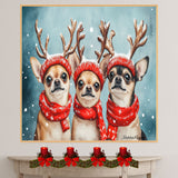 Dog Christmas Canvas  - "Chilly Chihuahuas" - Charming Chihuahua Dogs in Antlers Amidst Winter Snow on Ready to Hang 1.5" Thick Canvas Wrap, Floating Framed Canvas, Flat Rolled Canvas