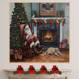 Vintage Santa in Rocking Chair by Fireplace – Cozy Holiday Scene with Dog and Gifts on Ready to Hang 1.5" Thick Canvas Wrap, Floating Framed Canvas, Flat Rolled Canvas