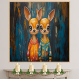 Painting of Two Cute Deer in Colorful Pajamas Standing Side by Side with Big Eyes and Smiling Faces in a Whimsical Setting with Bold Brush Strokes and Playful Colors on Ready to Hang 1.5" Thick Canvas Wrap, Floating Framed Canvas, Flat Rolled Canvas