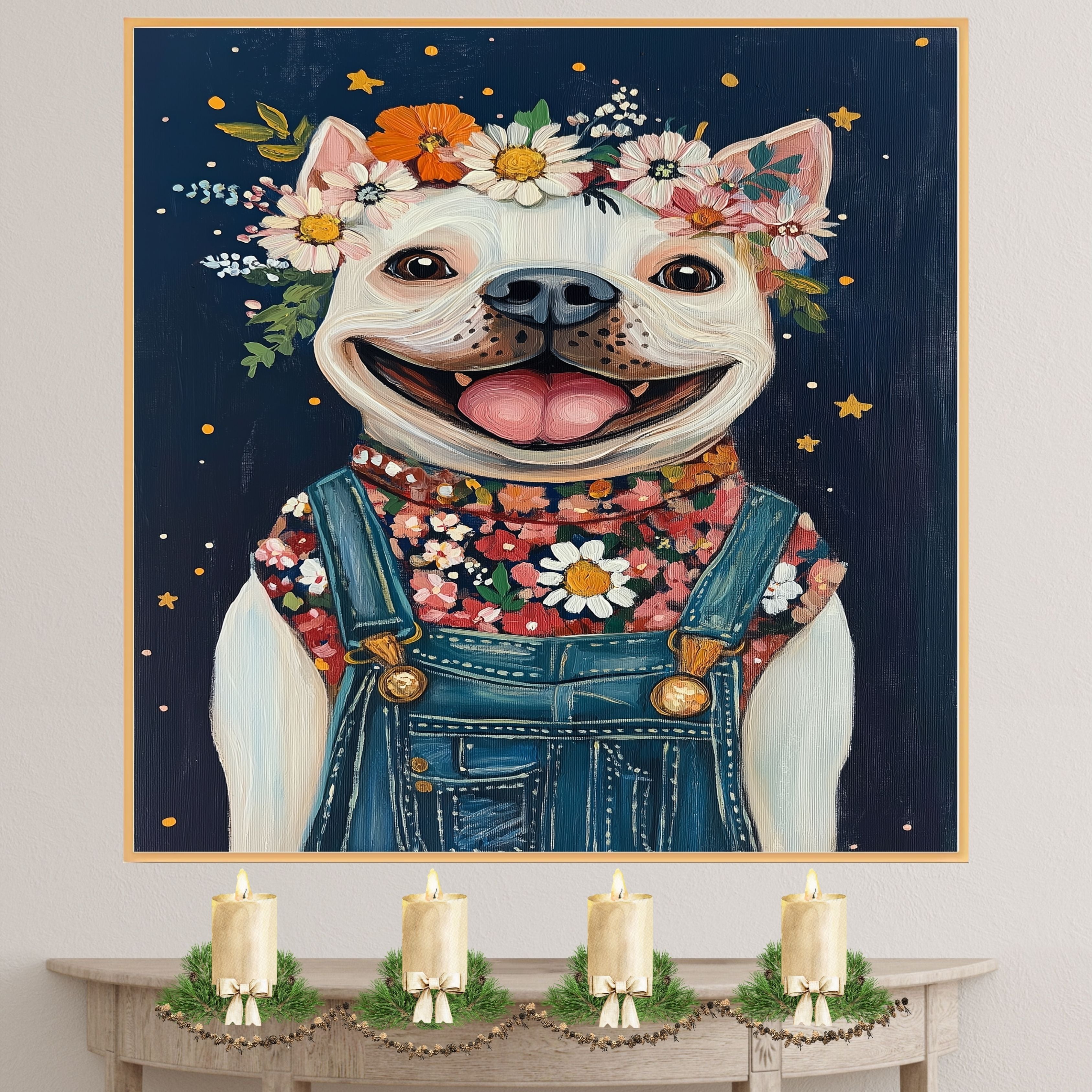 Happy White Dog Wearing Overalls and Floral Shirt Whimsical Farmhouse Art Perfect for Nursery Bedroom Living Room Dog Lover Gift Rustic Home Decor on Ready to Hang 1.5" Thick Canvas Wrap, Floating Framed Canvas, Flat Rolled Canvas