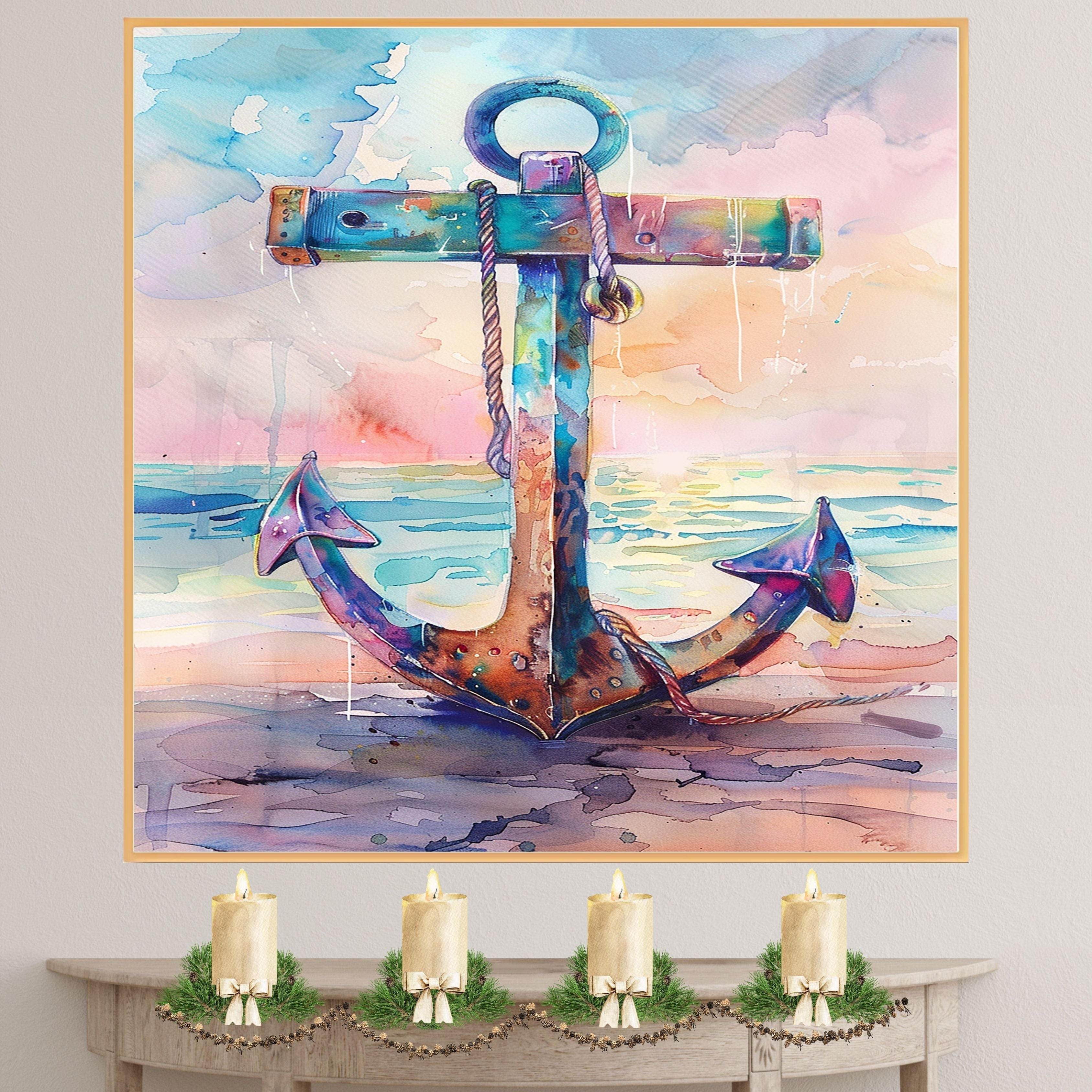 Watercolor Painting of a Multicolored Anchor on the Shore with Ocean Reflections and a Warm Sunset Coastal Sky on Ready to Hang 1.5" Thick Canvas Wrap, Floating Framed Canvas, Flat Rolled Canvas