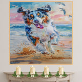 Energetic Watercolor Dog Running on Beach with Splashing Sand and Ocean Waves in Vibrant Coastal Pet Art on Ready to Hang 1.5" Thick Canvas Wrap, Floating Framed Canvas, Flat Rolled Canvas