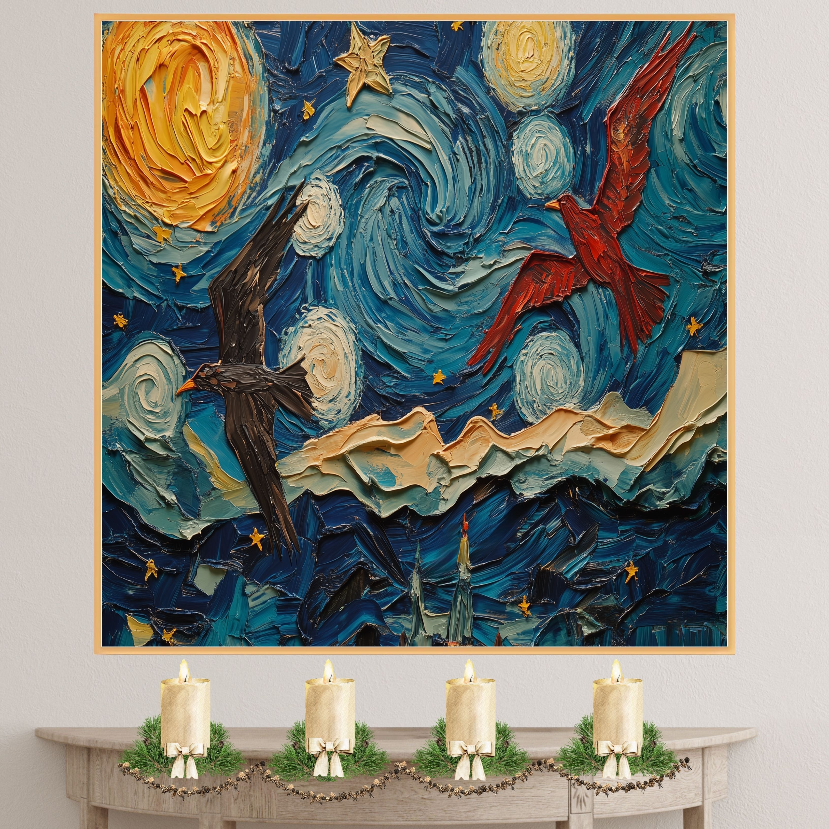 Starry Night Folk Art with Birds – Colorful Impressionist Sky Wall Art Print – Van Gogh Inspired Patriotic Red and Black Birds Soaring in Whimsical Night Sky on Ready to Hang 1.5" Thick Canvas Wrap, Floating Framed Canvas, Flat Rolled Canvas