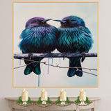 Striking Bird Pair Artwork Featuring Iridescent Teal and Purple Feathers on a Perch with Minimalist Light Background and Subtle Dripping Paint Detail on Ready to Hang 1.5" Thick Canvas Wrap, Floating Framed Canvas, Flat Rolled Canvas