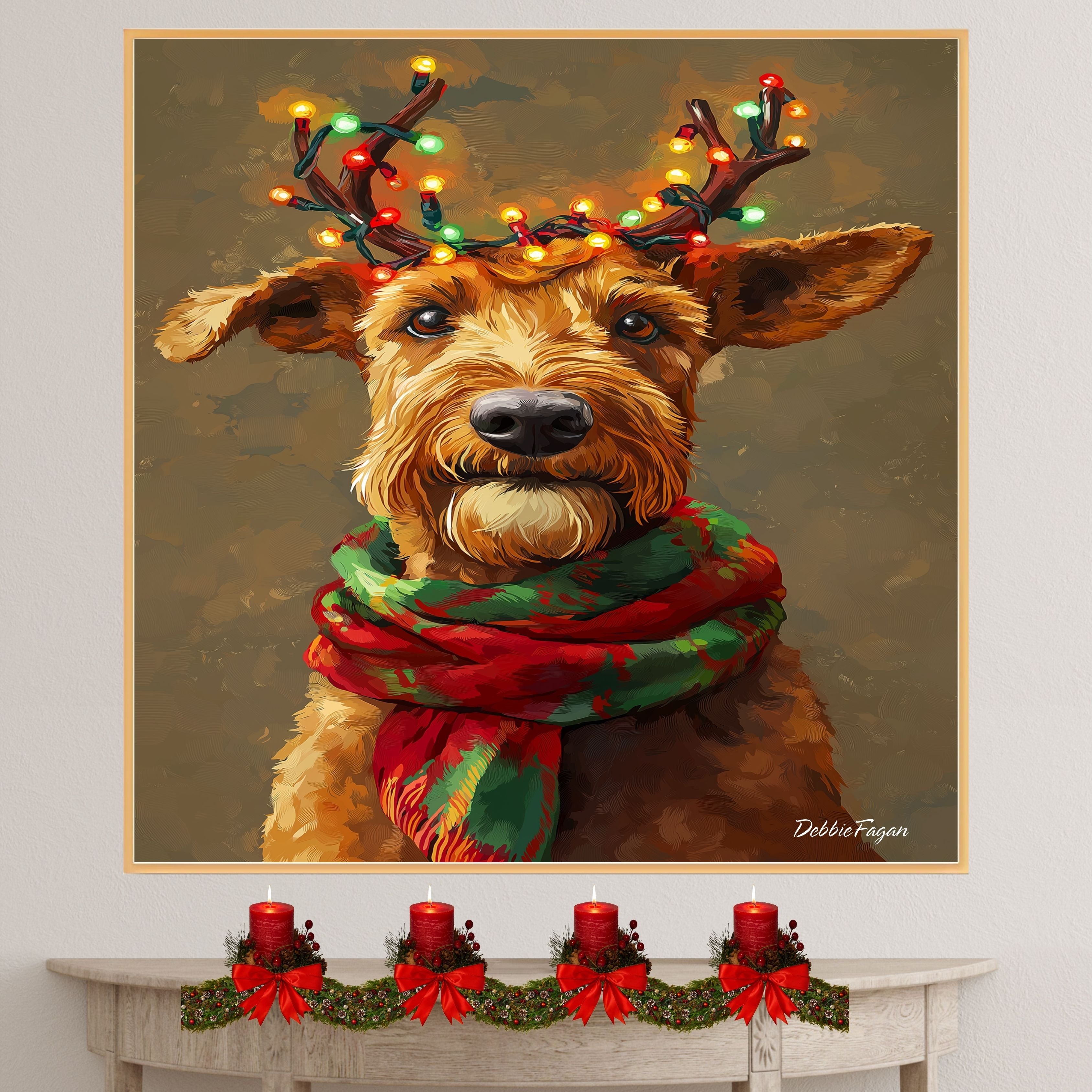 Airedale Christmas Glow - 'Yuletide Antlers' - Airedale Dog with Lighted Antlers and Festive Scarf on Rustic Canvas, Ready to Hang 1.5" Thick Canvas Wrap, Floating Framed Canvas, Flat Rolled Canvas