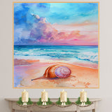Watercolor Painting of a Multicolored Snail on a Sandy Beach with Ocean Waves and Vibrant Pastel Sky in Coastal Style on Ready to Hang 1.5" Thick Canvas Wrap, Floating Framed Canvas, Flat Rolled Canvas