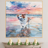 Happy Dog Running on Beach at Sunset in Watercolor with Ocean Waves and Colorful Sky for Pet and Coastal Art Lovers on Ready to Hang 1.5" Thick Canvas Wrap, Floating Framed Canvas, Flat Rolled Canvas
