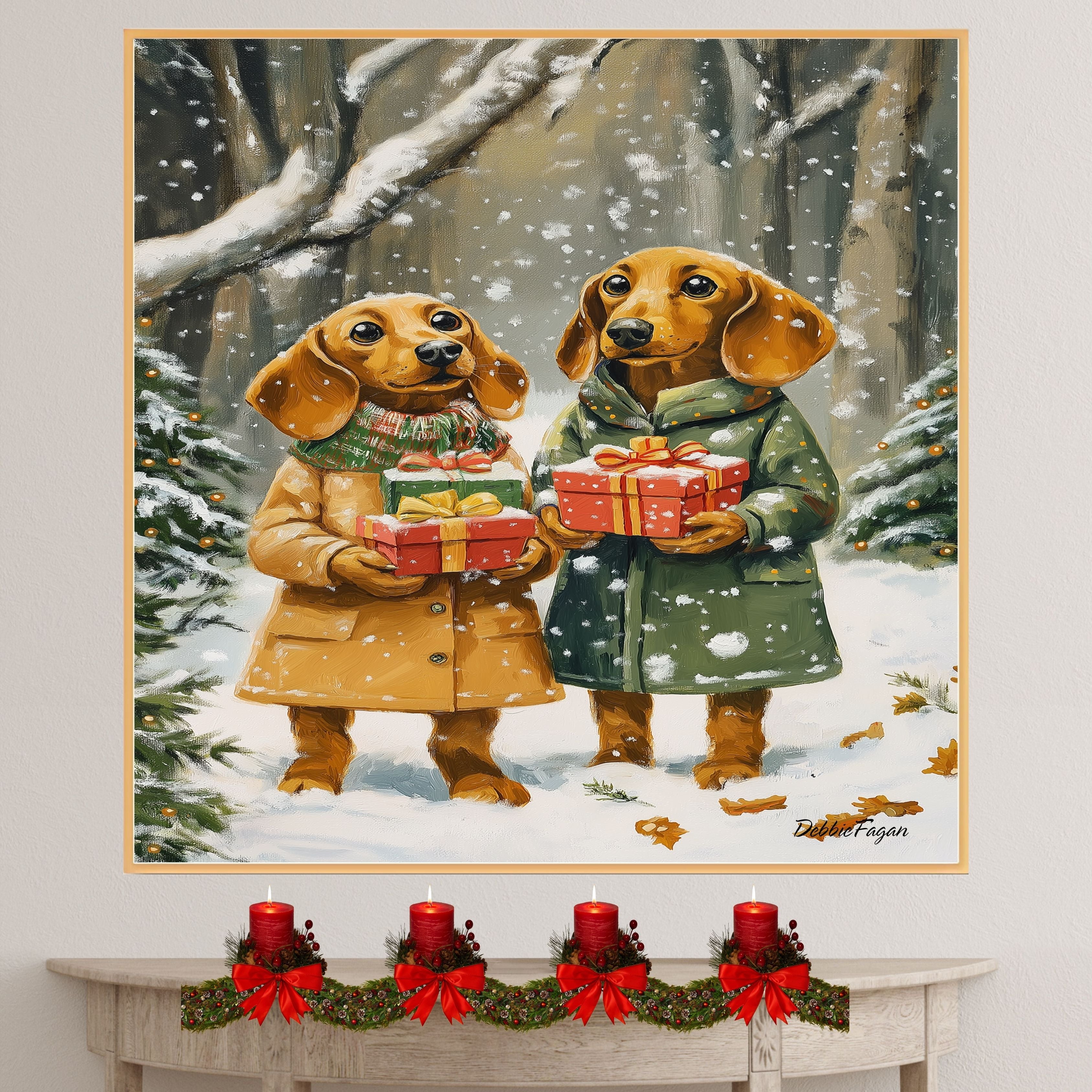 "Gift of Joy" - Dachshund Dogs in Cozy Winter Coats Holding Gifts in Snowy Forest, Ready to Hang 1.5" Thick Canvas Wrap, Floating Framed Canvas, Flat Rolled Canvas