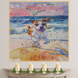 Watercolor Dog Running Through Surf with Flying Birds and Splashing Waves in Colorful Coastal Beach Scene Art Print on Ready to Hang 1.5" Thick Canvas Wrap, Floating Framed Canvas, Flat Rolled Canvas