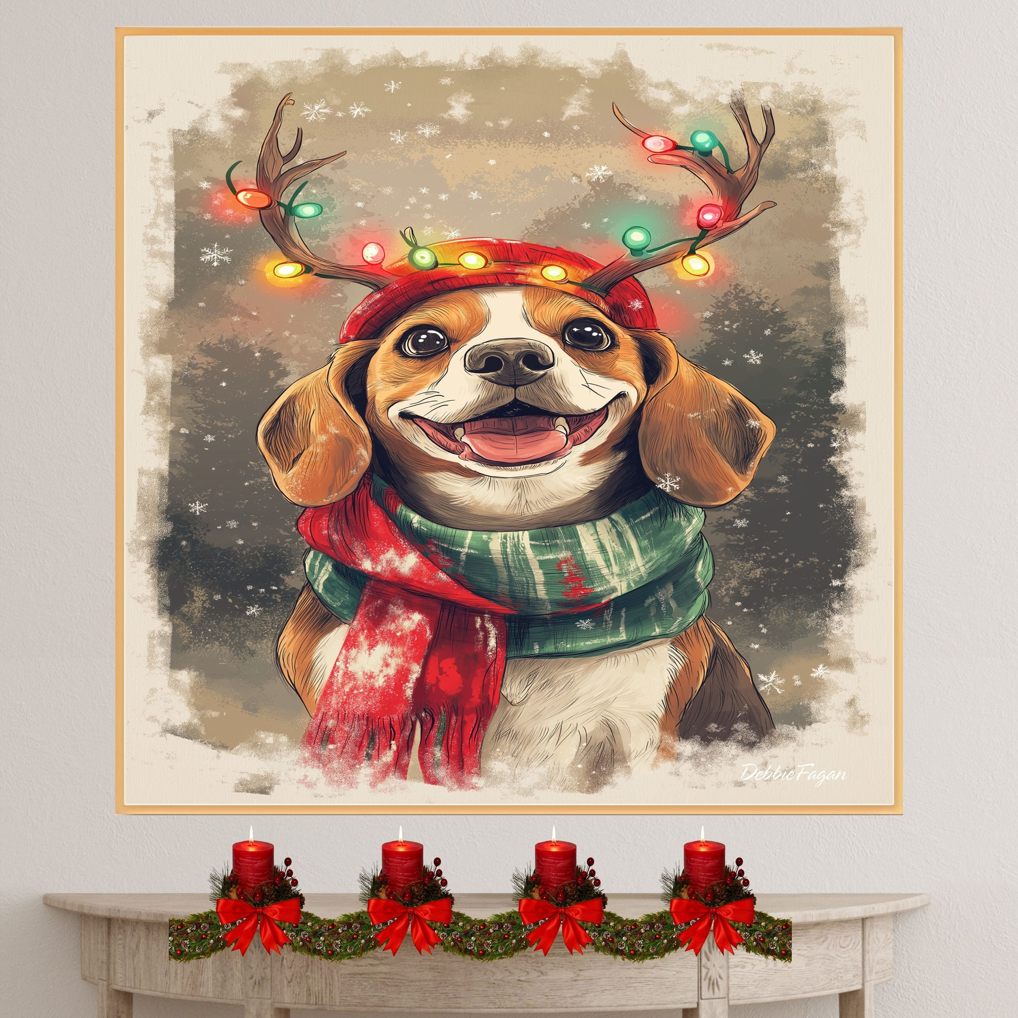 Beagle Winter Wonderland - 'Forest Festivities' - Beagle Dog with Christmas Lights & Scarf in Snowy Forest, Ready to Hang 1.5" Thick Canvas Wrap, Floating Framed Canvas, Flat Rolled Canvas